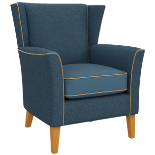 BRONZE 1 - Jessica High Back Wing Chair Highland ink, Seat Pad Aston Sky, Piping Zest Cream, legs Oak